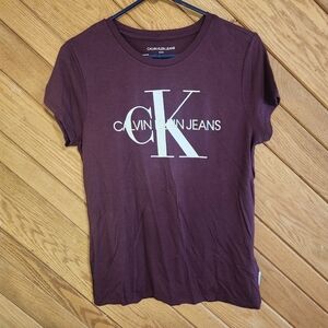 Calvin Klein Jeans Small Solid Burgundy T-Shirt With White And Silver Brand Logo